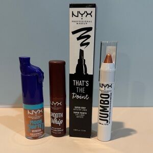 NYX Beauty Set: Matte Lip Cream, Lip Oil, Black Eyeliner, Shadow Stick